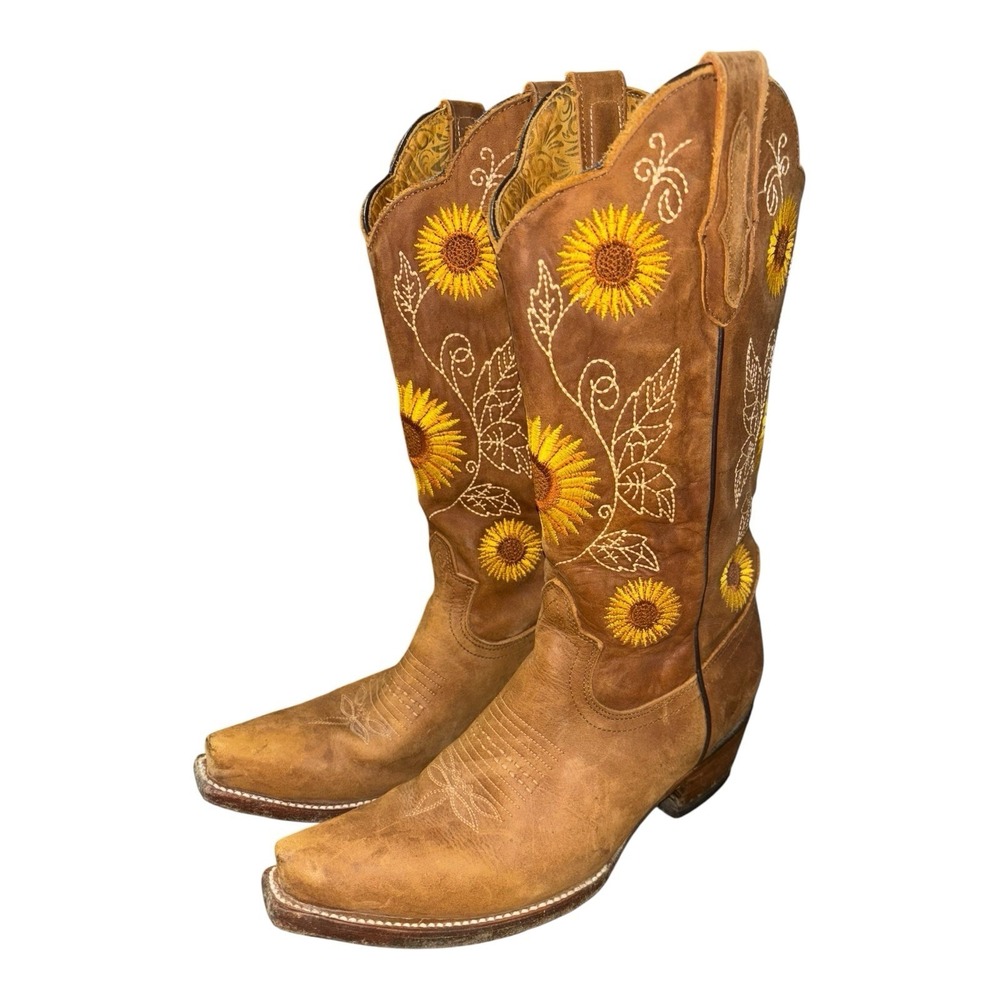 JR Robert Sunflower Cowgirl‎ Boots Womens 9 M US (Mex 26) Tan Western Square Toe